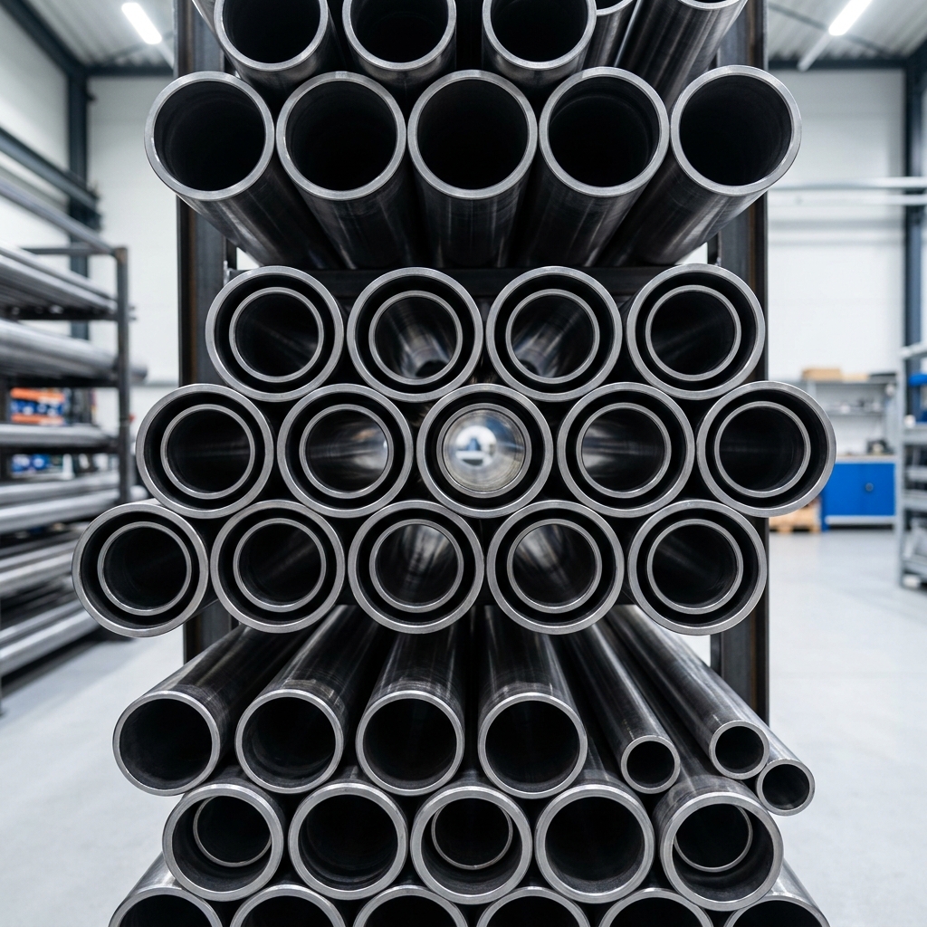 Seamless steel casings stacked in warehouse