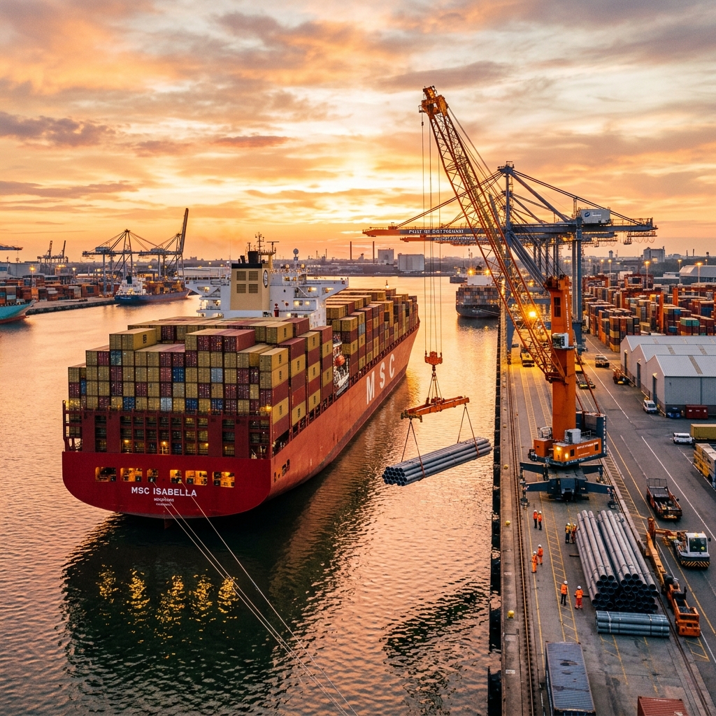 Cargo ship arriving at shipping terminal